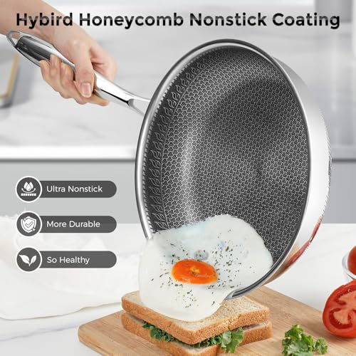 Image of 10.5 inch Frying Pan Nonstick with Lid, 2.5 Qt Deep Non Stick Stainless Steel Saute Pan Skillet, Dishwasher and Oven Safe, Compatible with All Cooktops
