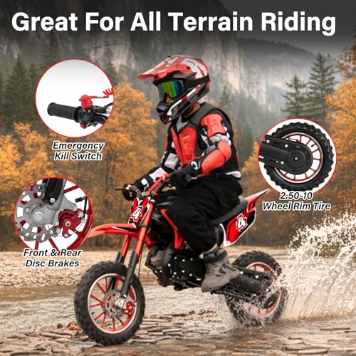 Image of Kids Dirt Bike Gas Powered, 50cc 2 Stroke 49cc Dirt Bike, Pit Bike Up to 24 MPH Pull Start, Gas Dirt Bike for Boys Girls Teens with Dual Disc Brake Inverted Fork Birthday Holiday Gift Black
