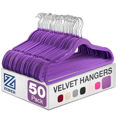 Zober Velvet Hangers - 50 Pack Heavy Duty Purple Non Slip Space Saving Felt Hangers for Coats, Pants & Dress Clothes