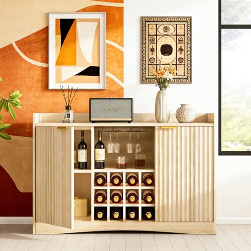 Garvee 47'' Fluted Wine Bar Cabinet with 9 Glass Holder and 12 Wine Racks - Liquor & Coffee Bar Cabinet with Storage for Home - Large Sideboard with 2