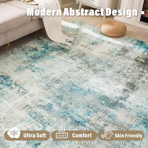 Carvapet 6x9 Large Rugs for Living Room Bedroom Kids Room, Washable Teal Modern Abstract Low Pile Carpet with Rubber Backing, Foldable, Non Slip Thin Area Rug, Ultra Soft