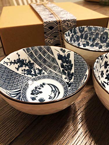 Mose Cafolo ~ Set Of 4, Japanese Style Ceramic Rice Bowl Assorted Designs Traditional Blue And White Pattern Underglazed Dinnerware Ideal For Dessert Snack Cereal Soup In Gift Box #TOP6