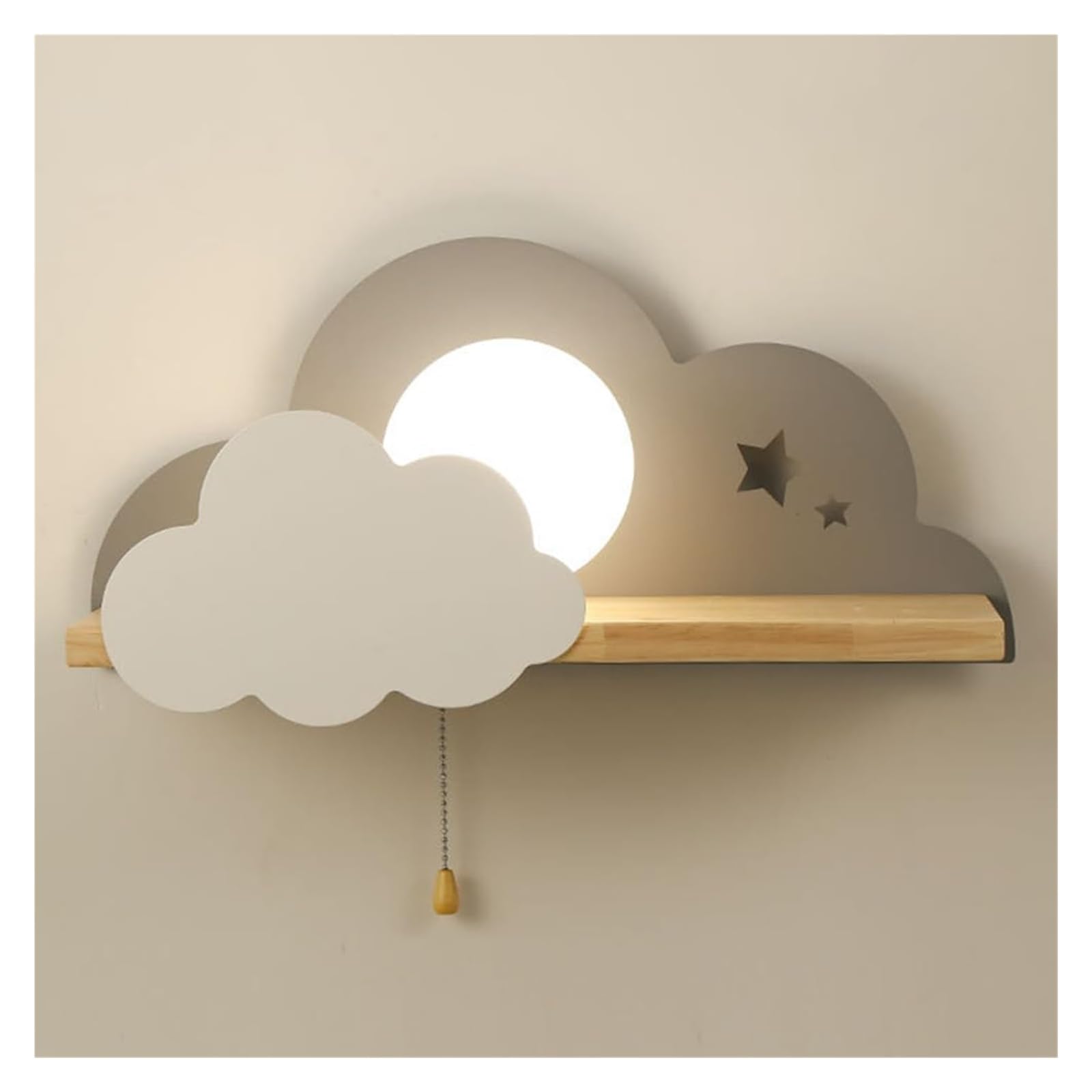 HUAYUSEDF Contemporary Minimalist Wall Lamp Children's Room,Creative Cloud Light with Pull Switch, Wooden Long Plate Sconce with Spherical Acrylic Lampshade, E27 Lighting Fixture, Modern Cartoon Pea