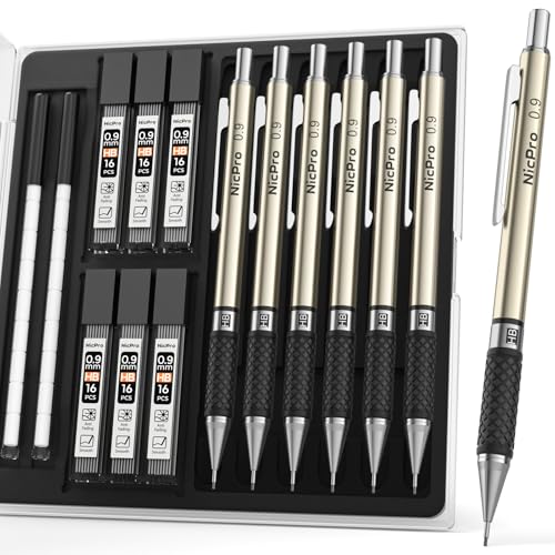 Nicpro 0.9 mm Art Mechanical Pencils Set in Gift Case, 6 PCS Metal Drafting Pencil 0.9mm with 6 Tube HB Lead Refills & 18 PCS Eraser Refills for Adults, Children, Artist Writing, Drawing, Sketching
