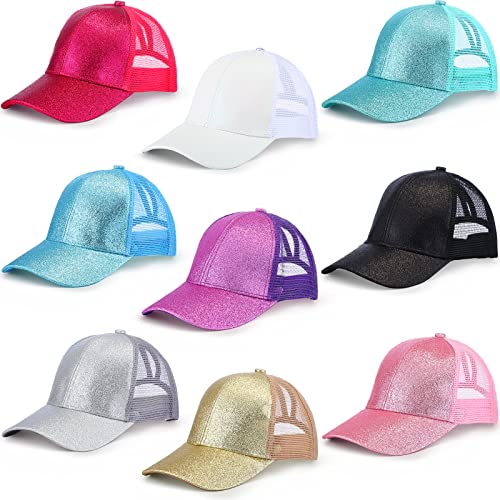 Xtinmee 9 Pcs Girls Sequin Baseball Hat Summer Glitter Ponytail Baseball Hat Adjustable Shiny Mesh Trucker Cap for Kids Golf Outdoor