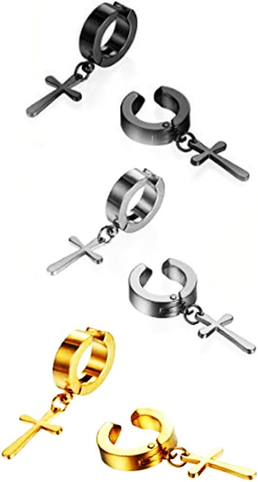 3 Pairs Stainless Steel No Piercing Cross Hoop Dangle Earrings for Men Women,Hypoallergenic…