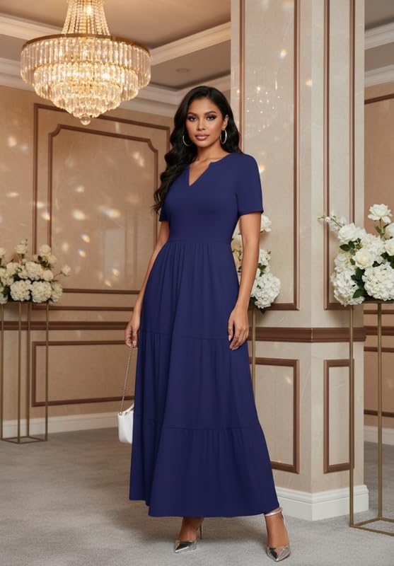 Women Casual Loose Maxi Dress with Pockets V Neck Short Sleeve Tiered Long Summer Beach Swing Dresses - Image 3
