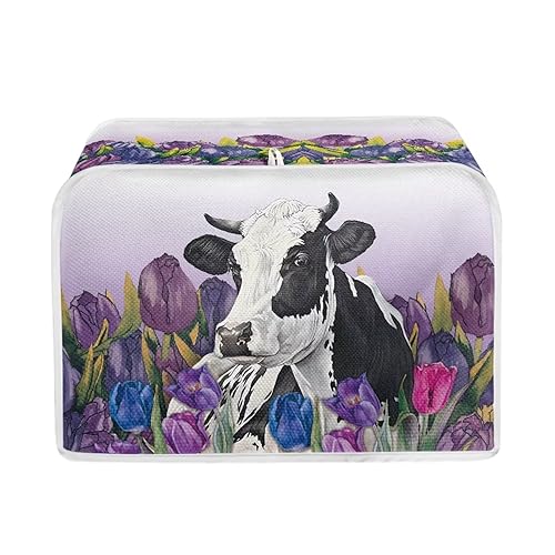 JSLXYYBQ Tulip Cow Print Toaster Cover 2 Slice Wide Slot Kitchen Appliance Durable Bread Maker Covers with Zipper Fingerprint Protection Women Gift