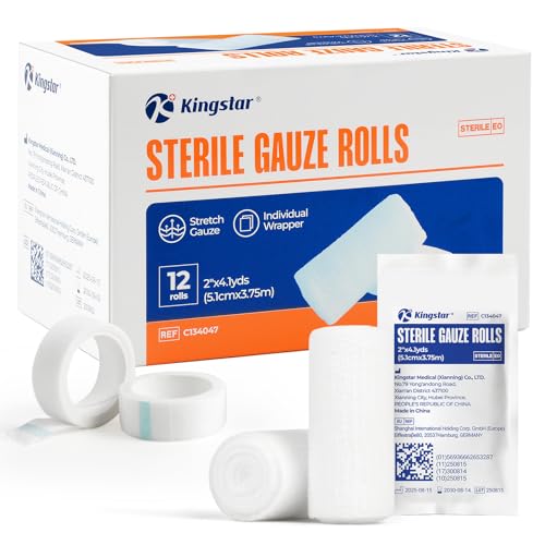 Image of Sterile Gauze Rolls, 2in x 4.1 Yards, Conforming Stretch Gauze Bandage, Pack of 12, Firm Support for Dressings and Splints, Latex-Free First Aid Supplies Individually Wrapped with Bonus Tape