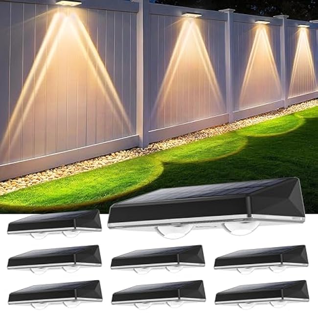 Solar Fence Lights Outdoor 8-Pack | IP67 Waterproof Solar Wall Light | Dusk to Dawn Auto On/Off 12+ Hours for Outside/Backyard/Railing/Step/Patio/Deck/Pool (Warm White & RGB 7 Colors)