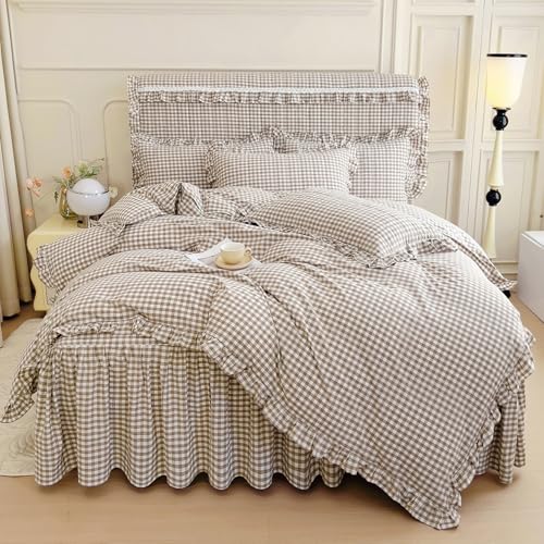 Image of mixinni Tan Gingham Ruffle Duvet Cover King Size 3 Pieces - 100% Washed Cotton, Vintage Plaid Ruffled Bedding Set with Zipper Ties, Soft Cream Checkered Grid Farmhouse Chic Comforter Cover Set