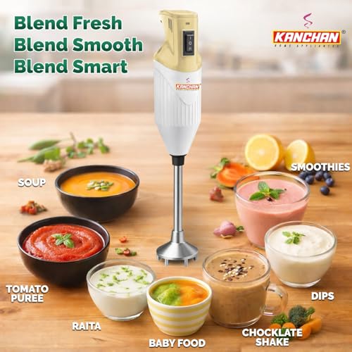 Image of Kanchan Majesty Hand Blender with 3 Stainless Steel Blades Mincer, Whisking, Beater | Electric Blender for Kitchen with Low Noise Powerful 180W Copper Motor 2-Speed Control - 2 Year Warranty (Beige)