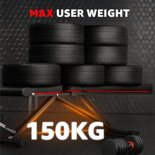 Image of PowerMax Fitness PUB-96 Adjustable Weight Bench for Home Gym with Resistance band | 150KG Max Load | Multi-Purpose Flat Incline Decline (FID) Bench | Strength Training Exercise Workout | Steel Frame