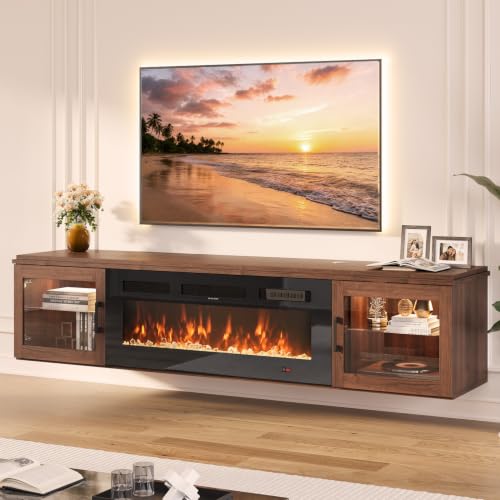 Image of 70 inch Floating TV Stand with Fireplace, High Gloss Finish Wall Mounted Fireplace Entertainment Center with Storage for TVs Up to 80 inch, Brown