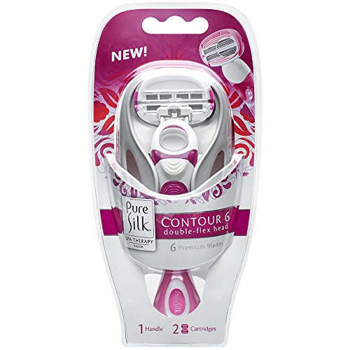 Pure Silk Contour 6 Women's Razor with 2 Razor Blade Refills (1 Handle + 2 Cartridges), Womens Razors/Blades