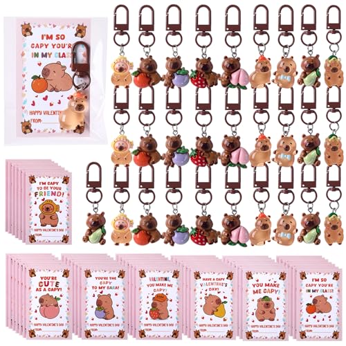 Kenning 28 Sets Valentine's Day Capybara Gifts Party Favors Include 28 Capybara Keychains 28 Cute Valentine's Greeting Cards Transparent Bags for Student Classroom Goodie Bag Gifts Rewards
