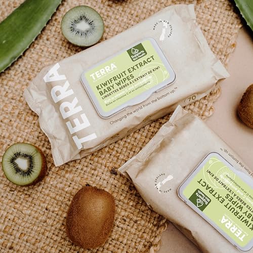 Image of Terra Bamboo Baby Wipes: Kiwifruit Extract, 99.5% Pure New Zealand Water, 100% Biodegradable Bamboo Fiber, 0% Plastic, Unscented Baby Wipes for Sensitive Skin, 12 Pack of 70 Wipes