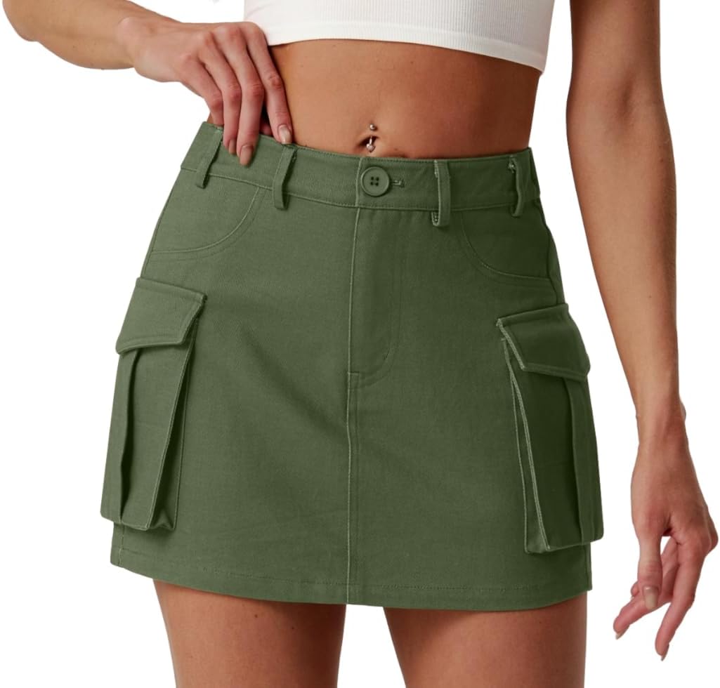 Lepunuo Cargo Skirt Y2K Mini High Waisted Elastic Bodycon Denim Jean Flap Button Skirts with Pockets