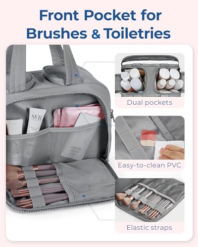 BAGSMART Travel Toiletry Bag, Lightweight Large Wide-open Travel Bag for Women, Puffy Cosmetic Makeup Bag Organizer with Handle for Accessories,Essentials, Toiletries, Grey4