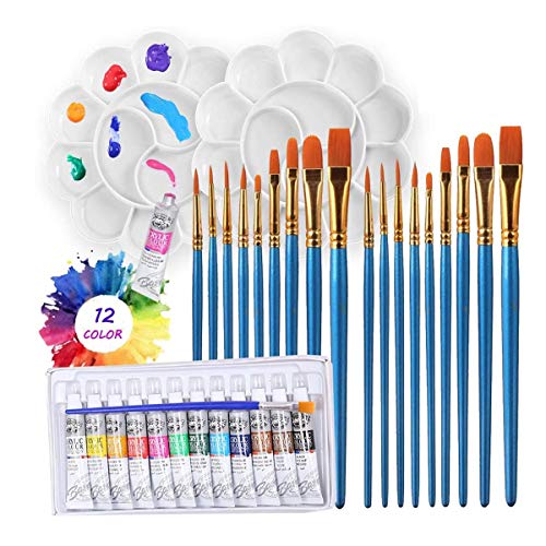 Paint Brush Set,21 Pieces Round Pointed Tip Nylon Hair Artist Paint Brushes,12 Color Tubes Acrylic Paint Set and 2 Pieces DIY Palette Disc,Acrylic Paint Brushes Set for Drawing Beginner