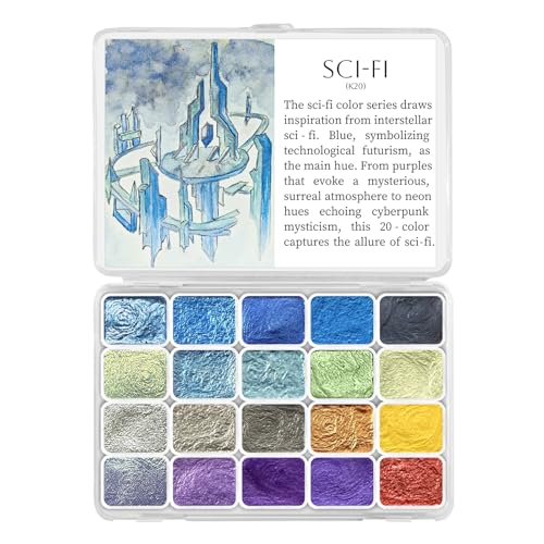 CraftyManor 20 Colors Metallic Watercolor Paint Set Adult Travel Painting Kit Shifting Solid Glitter Watercolors Art Kits for Beginner Gifts (Sci-Fi)