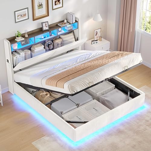 AOGLLATI Lit Coffre 140x190 avec LED RVB à 360° et Multiprise, Lit 2 Personnes Hydraulique avec 2 Étagères, Compartiment Fermé et 30 cm Espace sous...