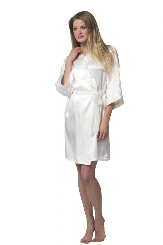 Womens Short White Silk Robe with Ruffled Collar-Silk Charmeuse