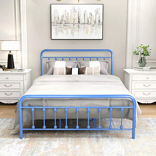 DUMEE Metal Bed Frame Queen Size with Headboard and Footboard Metal Platform Slats Support,Blue