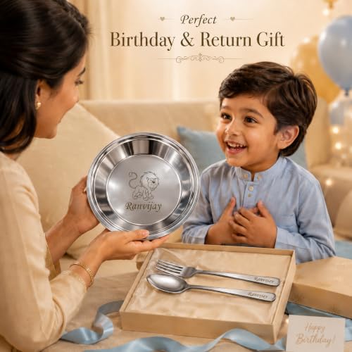 Image of SAVRI Personalized Stainless Steel Round Shape Serving Plate with Name & Favourite Character Engraved | Maggie, Kids, Snacks, Breakfast Plate | for Birthday, Return Gifts. Size - 6 * 6 inches