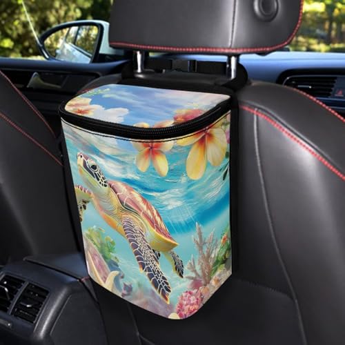 Image of Talayituse Turtle Hibiscus Plumeria Print Car Trash Bin, Large Size Auto Trash Can Adjustable Portable Garbage Can with Lid, Vehicle Hanging Bag for Headrest Front Back Seat
