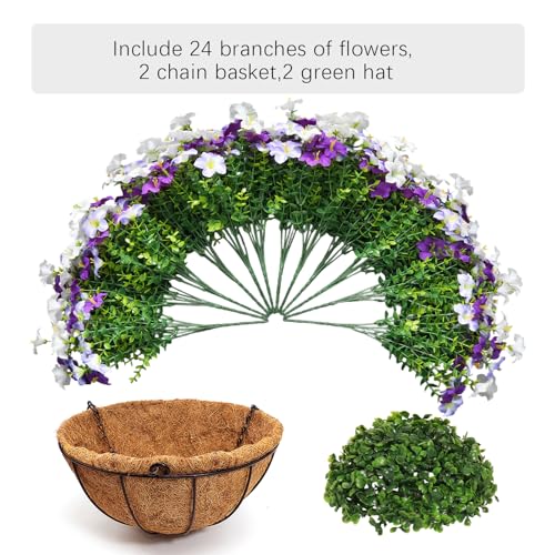 Image of 2 Set Artificial Hanging Flowers with Basket for Outdoor Decor, 24 Pcs Silk Petunias Fake Plants for Porch Garden Patio Balcony Yard Home Decoration