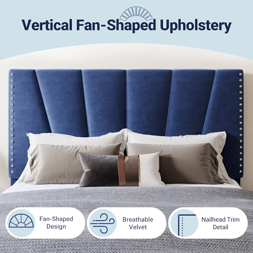 Image of Allewie Queen Size Velvet Platform Bed Frame with Adjustable Headboard Blue