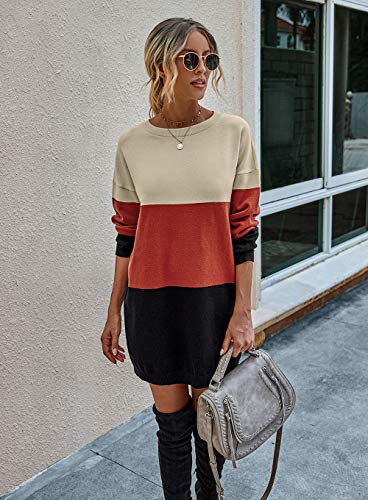 KIRUNDO Women’s 2020 Winter Long Sleeves Mini Sweater Dress Leopard Plaid Print Crew Neck Oversized Long Knit Pullover Tops (Large, Color Block-Black)