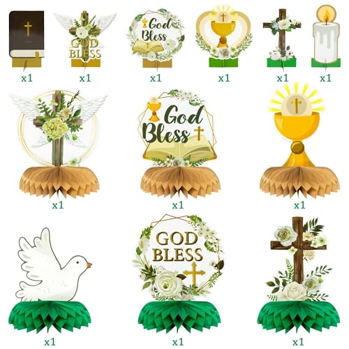 Image of ANGOLIO God Bless Honeycomb Centerpieces, 12PCS Baptism Table decorations | Green Cross Floral Church Anniversary Decorations, Baby Shower Birthday Party Supplies, Christian Celebrations Party Favors