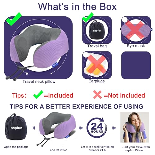 Image of napfun Neck Pillow for Traveling, Upgraded Travel Neck Pillow for Airplane 100% Pure Memory Foam Travel Pillow for Flight Headrest Sleep, Portable Plane Accessories, Light Purple