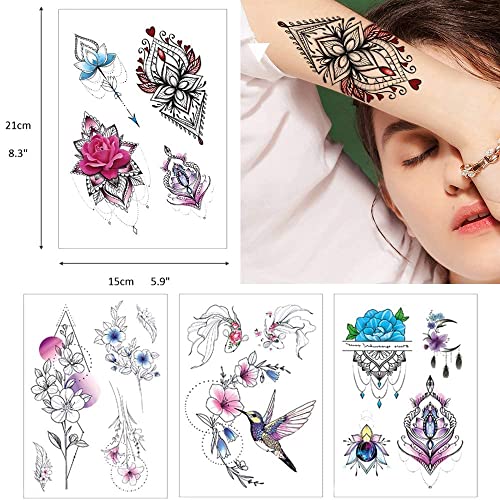 Glaryyears Watercolor Flowers Temporary Tattoo For Women Girls, Long Lasting Realistic Fake Temp Tattoos Stickers, 10 Pack Henna Large Big Makeup On Adults Body Sleeve Arm Neck Chest Wrist Waterproof #TOP3