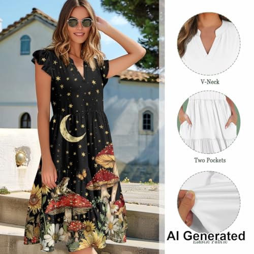 Image of Women's Casual Ruffle Sleeve Dress V Neck Pullover Dress Flowy A-Line Pleated Lightweight Dress with Pockets