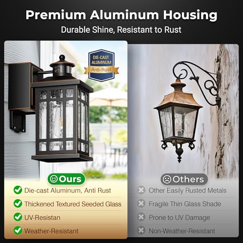 Image of Outdoor Wall Lighting with GFCI Outlet, Modern Black Exterior Light Fixtures with Gold Trim, Aluminum Anti-Rust Outside Lights for House, Porch, Garage, Adjustable Sensitivity & Brightness