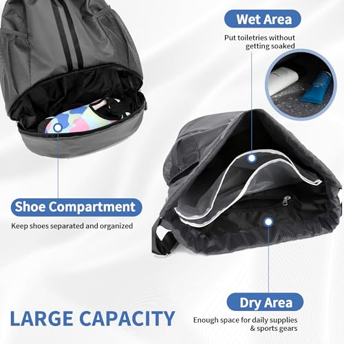 Image of JELUTAR Drawstring Backpack Gym Bag with Shoes Pocket, Dark Grey | Water-Resistant String Backpack for Soccer, Basketball, Swim, Beach Cinch for Women Men, 18 L Large Capacity, Wet Pocket