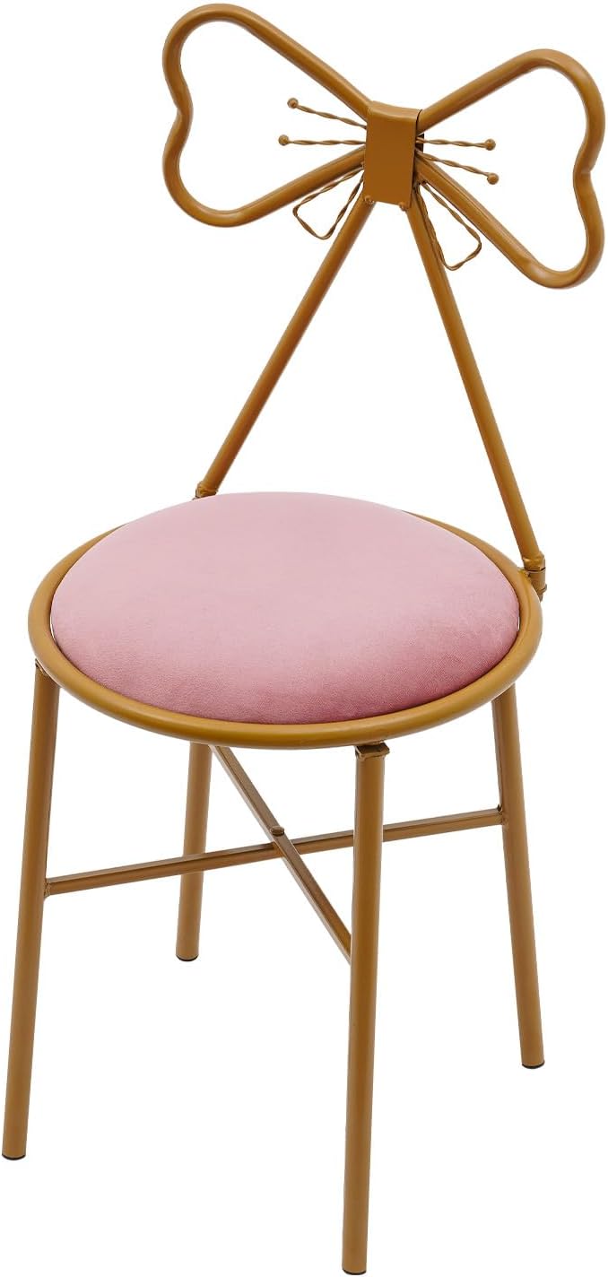 Pink Butterfly Backrest Vanity Chair, Modern Stool, Butterfly-Shaped Vanity Dining Makeup Chair, Light Pink W/Gold Frame, Flannel Cushion for Restaurants, Living Rooms, Bedrooms