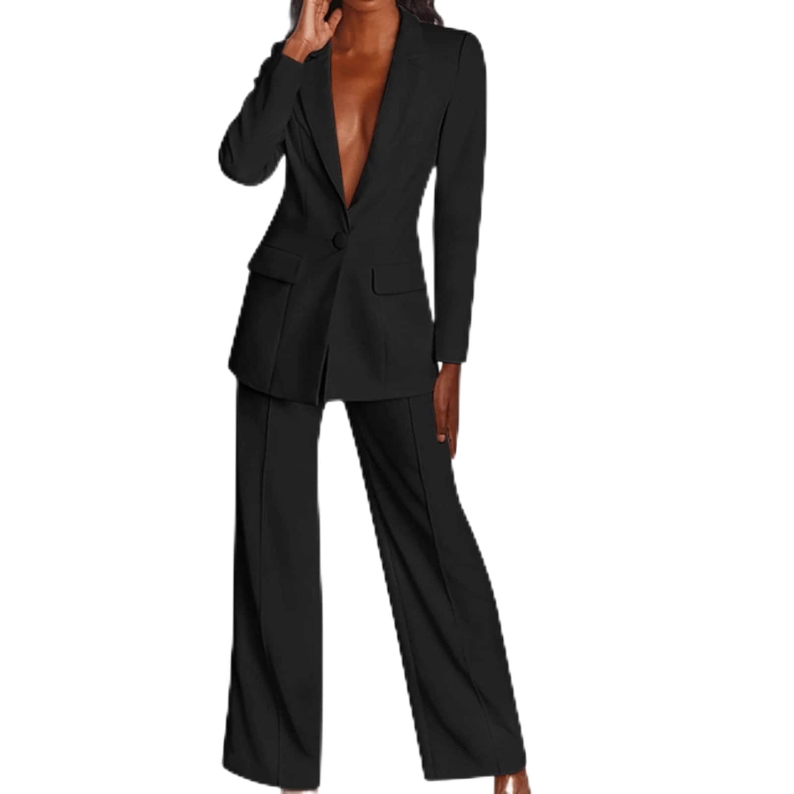 CarpartSJP Women's Elegant Business Suit Set, Trouser Suit, Blazer and Trousers, 2-Piece Suit Women's Trouser Suits Ladies Trouser Suits for Special Occasions (Color : Black, Size : Large)