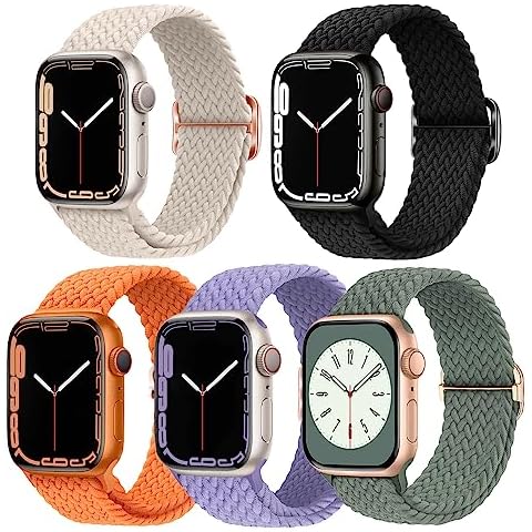 5 Packs Braided Solo Loop Compatible with Apple Watch Band 42mm 44mm 45mm for Women Men, Stretchy Nylon Sport Bands with Adjustable Buckle for iWatch Series 8 7 6 SE 5 4 3 2 1 (5 Solid Color Style 2) Cover