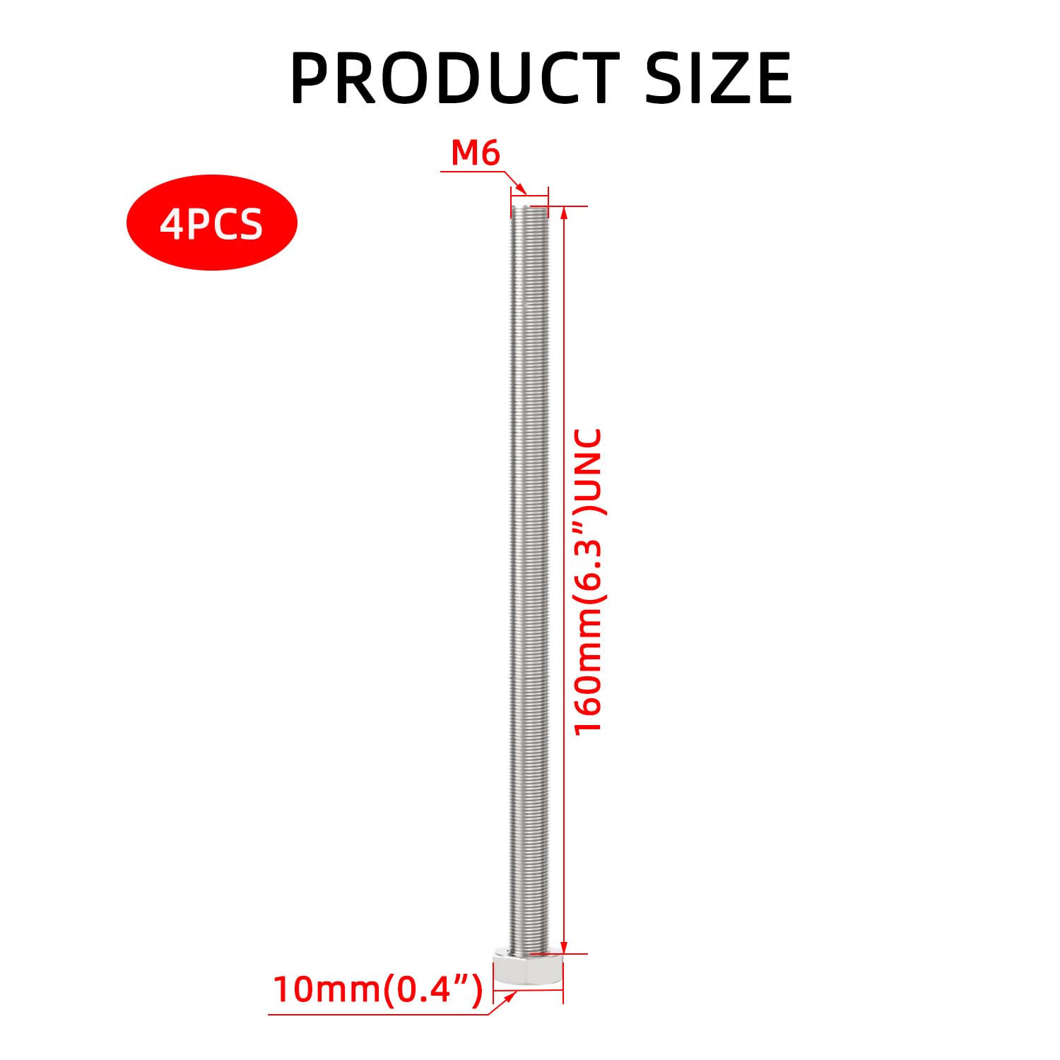 Aopin 4pcs SUS304 Stainless Steel M6 x 160mm Hex Head Bolts Screws Grade 8.8 Stainless Steel, Fasteners Fully Machine Threaded - Image 2