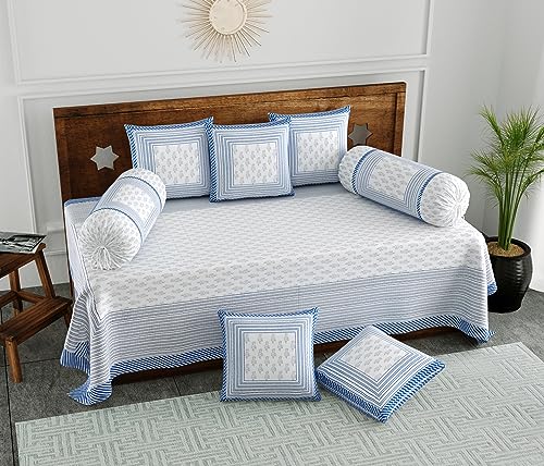 Image of BLOCKS OF INDIA 200Tc Diwan Set Cotton 8 Piece | Deewan Printed Bedsheet Sets For Living Room Hall (Set Of 8 Piece, 1-Bed Sheet | 2-Bolster Cover | 5-Cushion Cover (Color 22, White, Blue)