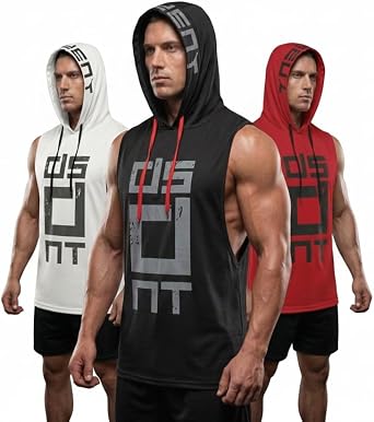 3-Pack Mens Sleeveless Hoodie - Polyester Quick-Dry Workout Vest for Gym, Running & Fitness