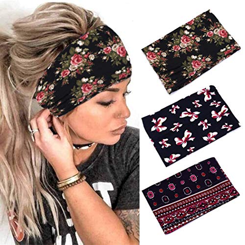 Catery Boho Headbands Extra Wide Headbands for Women Black Stretch Hair Bands Yoga Turban Sweatband Vintage Flower Head Wrap Elastic Hairband Fashion Head Bands for Women and Girls Pack of 3