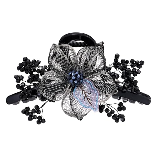 Rhinestones Hair Claw Clips for Women, Copper Wire Hand-woven High-level Design Metal Clip Large Plastic Flower Crystal Claw Barrettes Styling Accessories for Ladies Thick Thin Hair (Grey Flower)