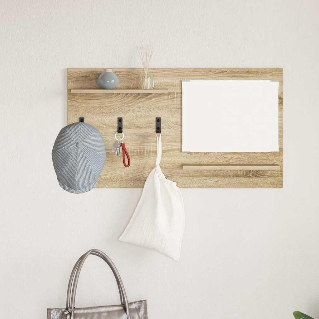 Sonoma Oak Wall Mounted Shelf with Mirror and Hooks | Made of engineered wood measuring 35.4x3.9x19.7 inches, featuring 2 storage ledges for entryway or bathroom organization.
