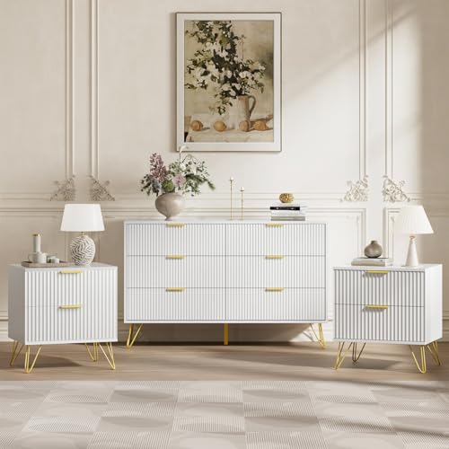LYNSOM Fluted Dresser and Nightstand Sets 3 Piece, 6-Drawer Chest of Drawers & 2 Drawer Nightstand Set of 2, Modern White and Gold Dresser Set for Bedroom, Hallway