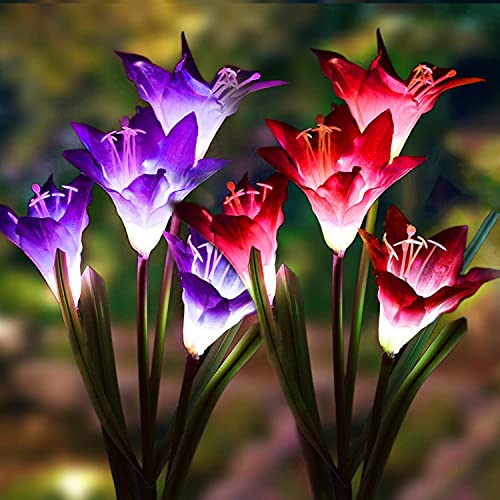 K.E.J. Solar Garden Stake Lights Outdoor Solar Lights with 2 Pack 4 Flower Multi-Color Auto-Changing LED Solar Powered Lily Flower Solar Flower Lights for Patio Garden Yard Decoration (Redpurple)
